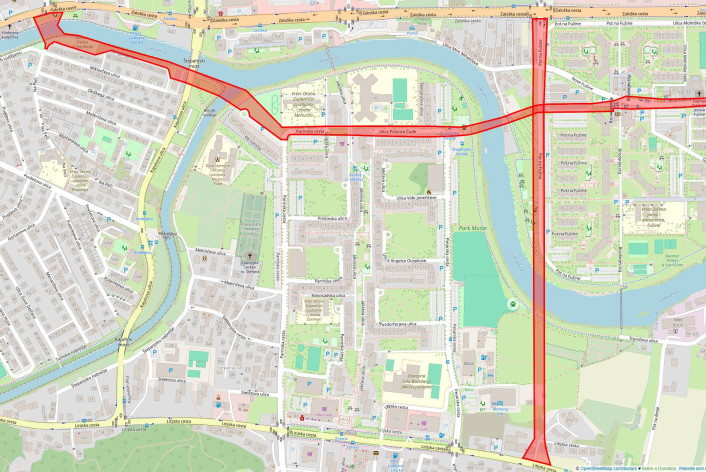 Potek načrtovane ceste (OPPN 275) na severnem delu Štepanjskega naselja, Novih Fužinah in v Mostah.