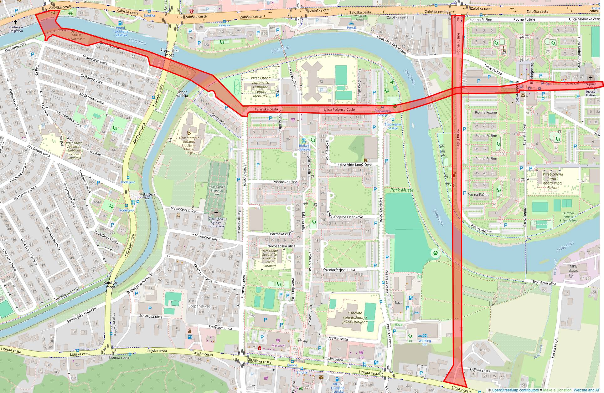 Potek načrtovane ceste (OPPN 275) na severnem delu Štepanjskega naselja, Novih Fužinah in v Mostah.